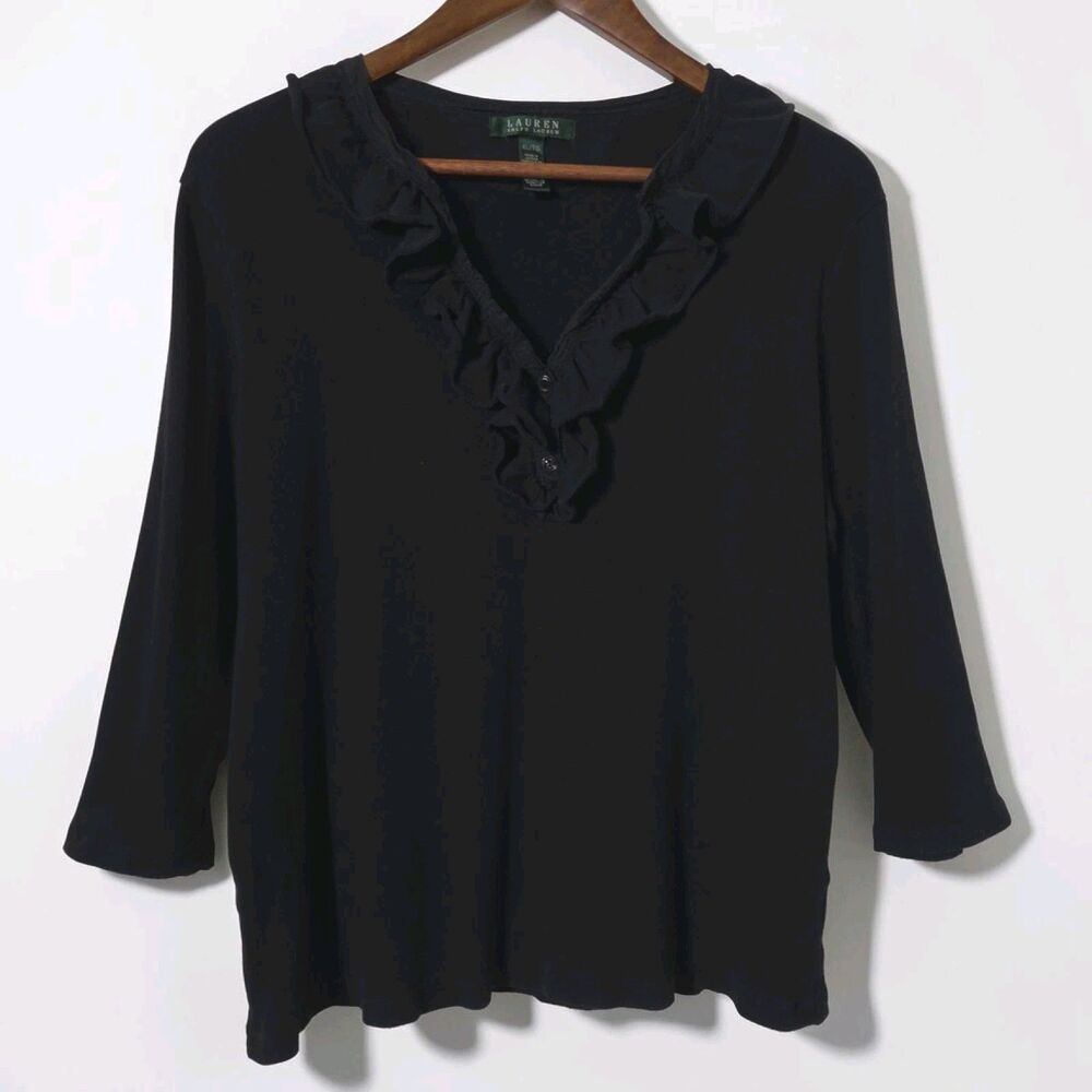 LAUREN RALPH LAUREN Women XL Black Ribbed Henley 3/4 Sleeve Ruffle Cotton Top